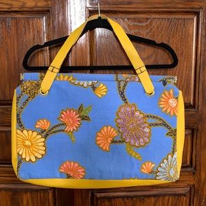 Handmade leather and fabric large tote bag